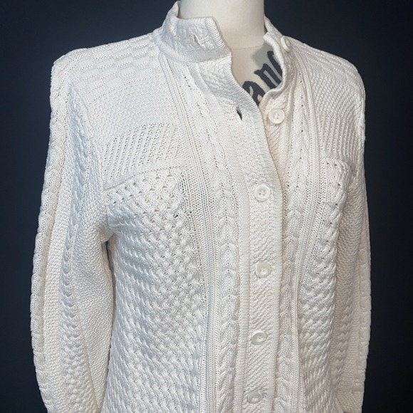 LL Bean Heavy Weight Cotton Fishermen Cable Cardigan Sweater Womens Petite Large - Picture 3 of 12
